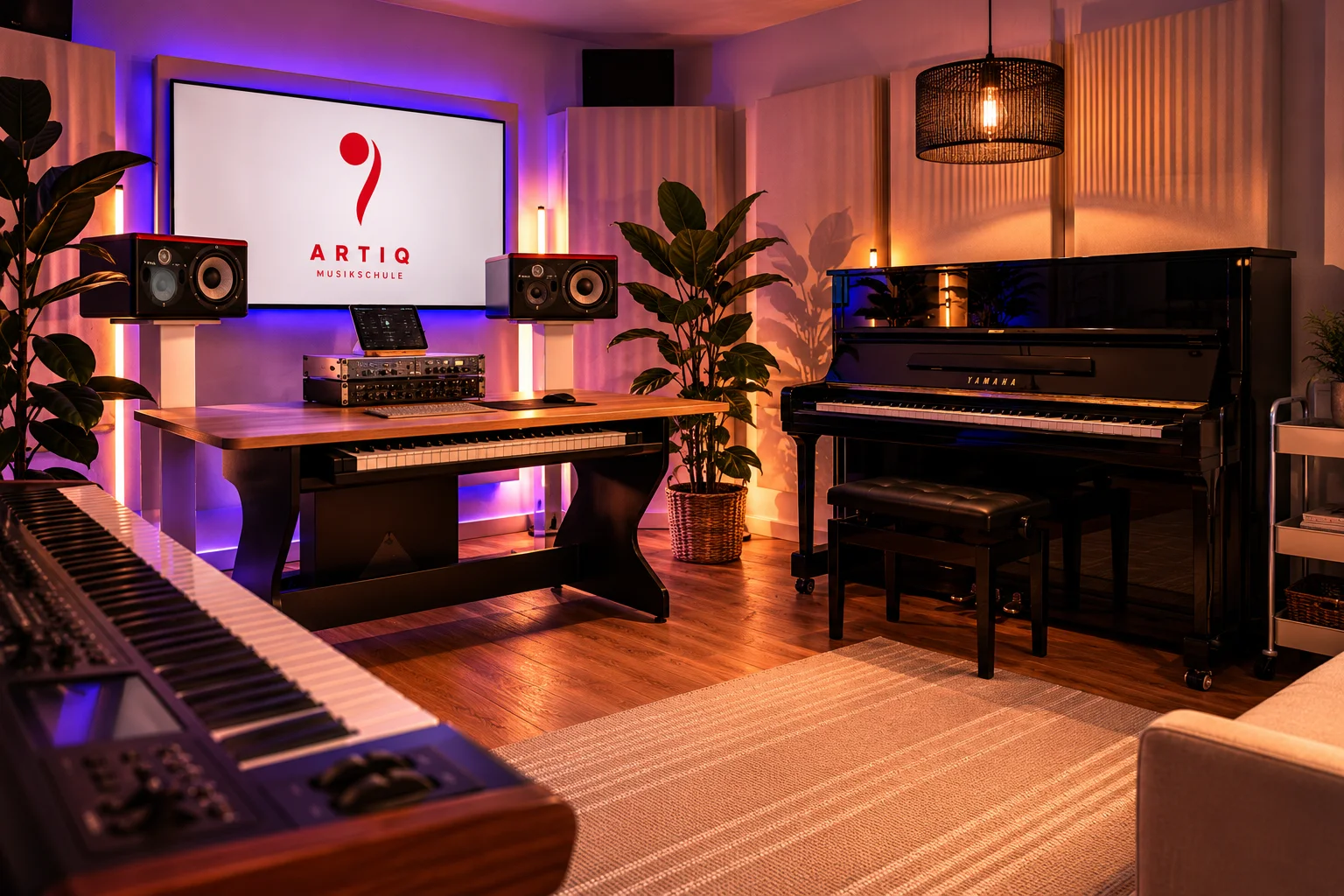Weitwinkelaufnahme des ARTIQ Tonstudios mit Mischpult, Studiomonitoren, Projektionsleinwand und Klavier — professionelles Musikstudio in Mainz-Finthen